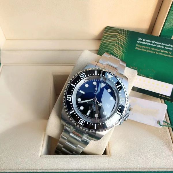 

with original box mens watch 44mm d-blue ceramic bezel dweller sea sapphire cystal stainless steel with glide lock clasp automatic mechanica, Slivery;brown