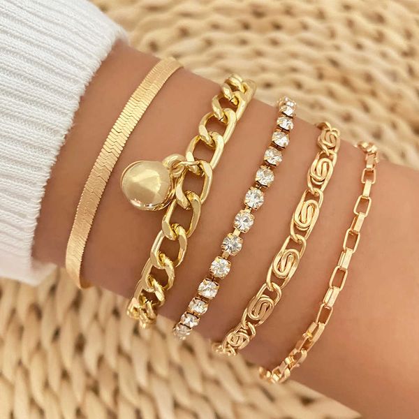 

beaded strands kisswife 5pcs/set vintage cuban chain bracelets for women gold color crystal bead snake chain bangles charm jewelry female gi, Black