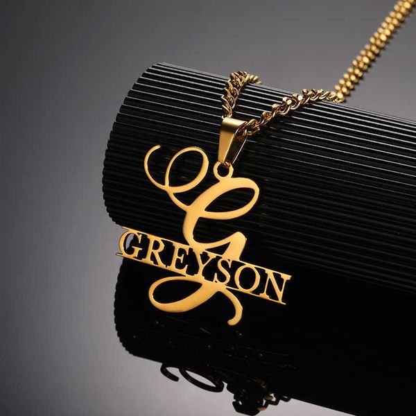 

pendant necklaces custom cuban chain wreath name necklace stainless steel big first letter nameplate choker necklaces for women friends gift, Silver