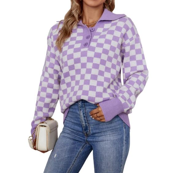

women's sweaters for luxury spring autumn knitwear checkerboard print long sleeve lapel button loose sweater, White;black