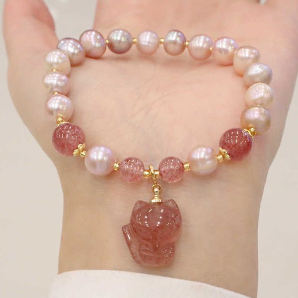 

beaded strands love natural strawberry quartz charm freshwater pearls beaded strand bracelets for women fine jewelry wholesale ybr683 l22101, Black