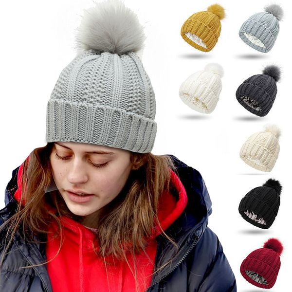 

hat essentials knit winter hats protect hair satin inside women knitted beanie pompom fur ball on lady winter snow beanies keep warm skull c, Blue;gray