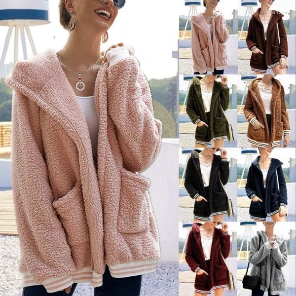 

women's fur women's coat autumn jacket fluffy lamb plush thick solid color winter pocket lapel elegant overcoat, Black