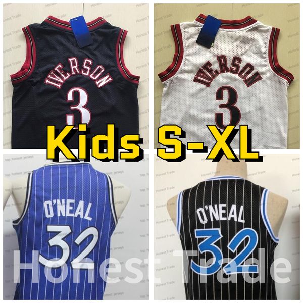 

kids retro allen 3 iverson basketball jersey 32 shaquille white black throwback neal stitched vintage youth jerseys, Black;red