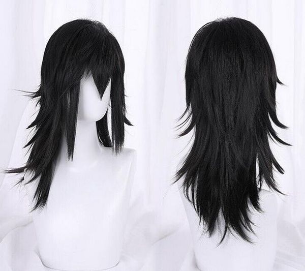 

anime demon slayer tomioka giyuu harajuku long hair wigs hairpiece cosplay 55cm, Black