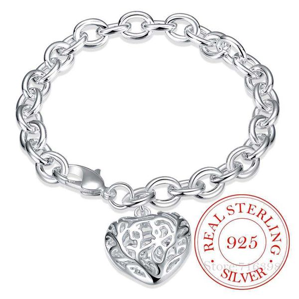 

beaded strands women's fine jewelry 925 sterling silver hollow heart charm 8'' thick chain lobster clasp bracelet bangle bile, Black