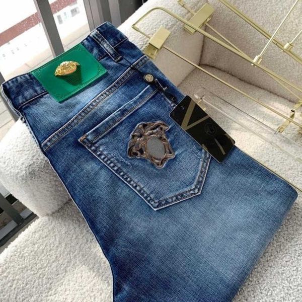 

men's jeans mens loose jeanss vers designer pants business casual long medusa gold-plated button man sweatpants baggy for, Blue