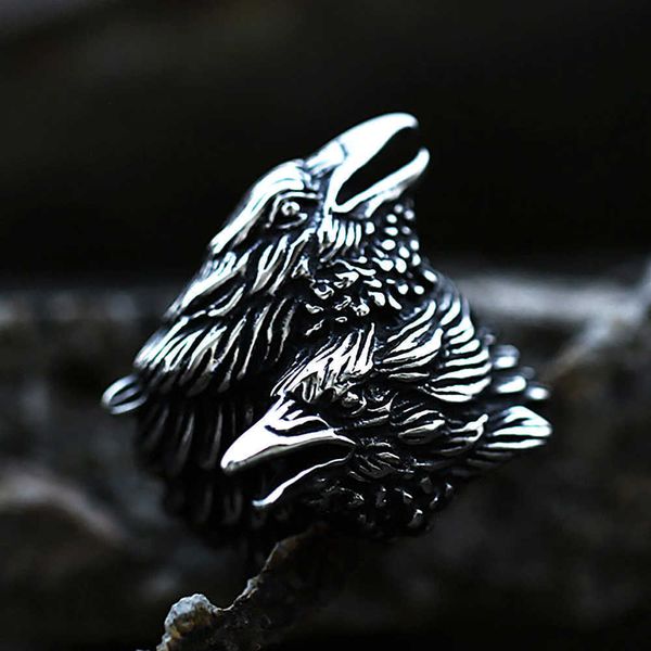 

cluster rings retro viking double head raven rings for men women stainless steel norse mythology odin crow amulet ring fashion jewelry gifts, Golden;silver