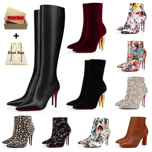 

2022 designer women over the knee boots lady pointed-toe pumps style high heels boot ankle short booties luxury red-bottoms lipstick heel 35, Black