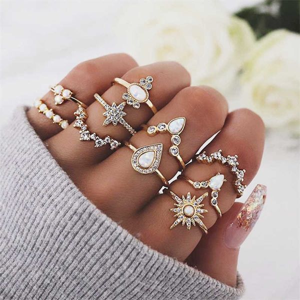 

cluster rings kisswife bohemian 10pcs/set women crystal geometry star crown gem finger ring set engagement wedding fashion jewelry gifts l22, Golden;silver