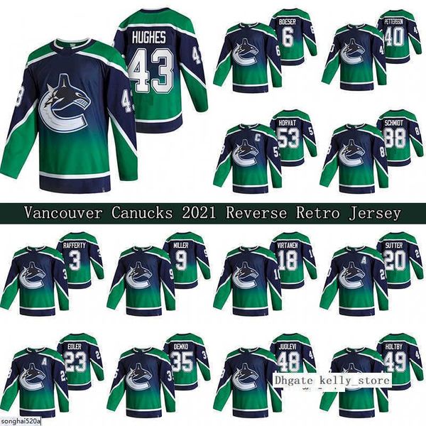 

quinn hughes vancouver canucks 2021 reverse retro jersey 40 elias pettersson 53 bo horvat 88 nate schmidt 49 holtby hockey jerseys, Black;red