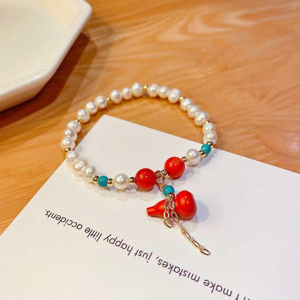 

beaded strands trendy natural freshwater pearls red chalcedony turquoise gourd pendant beaded bracelets for women lucky fine jewelry ybr445, Black