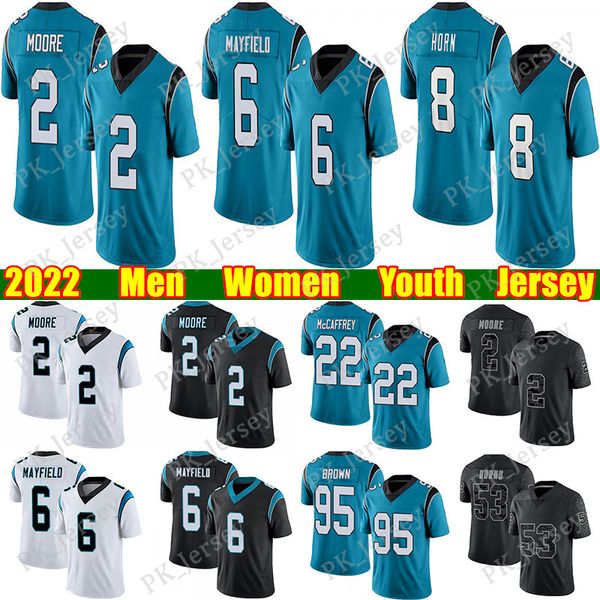 

fans tees 6 baker mayfield 22 christian mccaffrey football jersey jeremy chinn d.j. moore sam darnold jaycee horn brian burns shaq thompson, Black