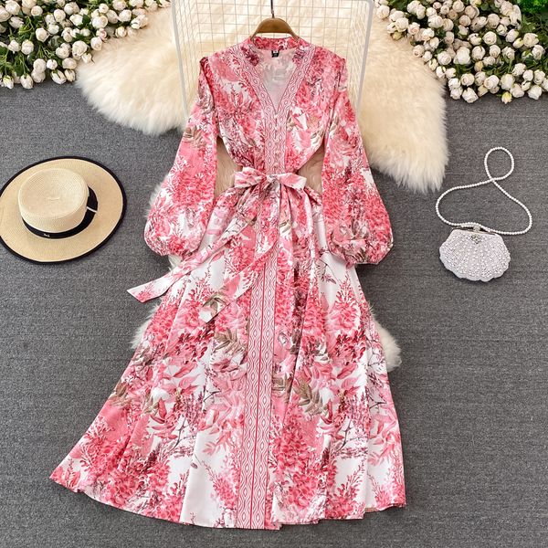 

light mature style lady temperament printed dress v-neck high waist slim lantern sleeve high sense big hem long skirt, Black;gray