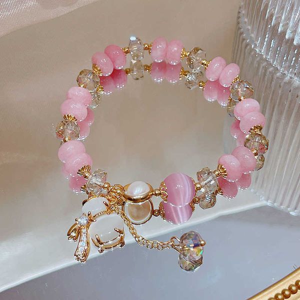 

beaded strands lucky gourd cat's eye stone pink crystal beaded bracelets for women girls fashion jewelry valentine's day gifts who, Black