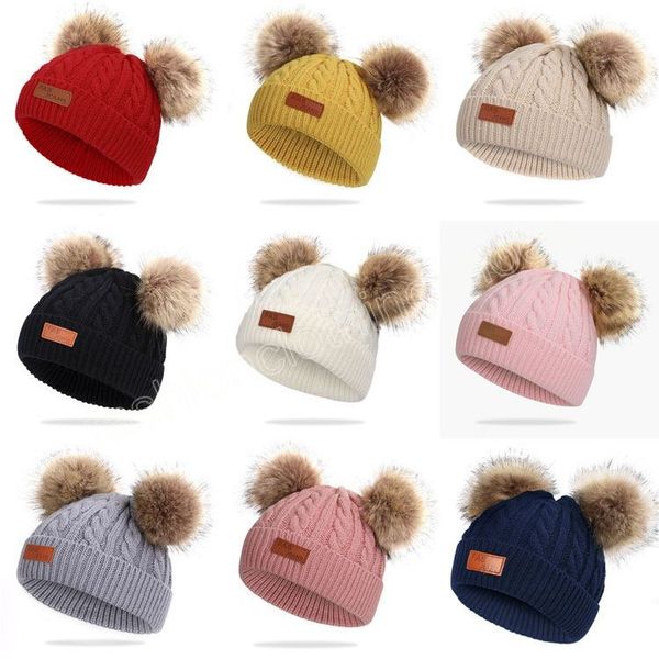 

14 styles winter boys girls knitted hat beanies thick baby cute double hair ball crochet cap infant toddler warm caps boy girl pom poms warm, Yellow