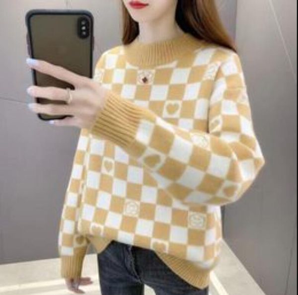 

women's sweaters for luxury autumn knitwear checkerboard print long sleeve lapel button loose sweater, White;black