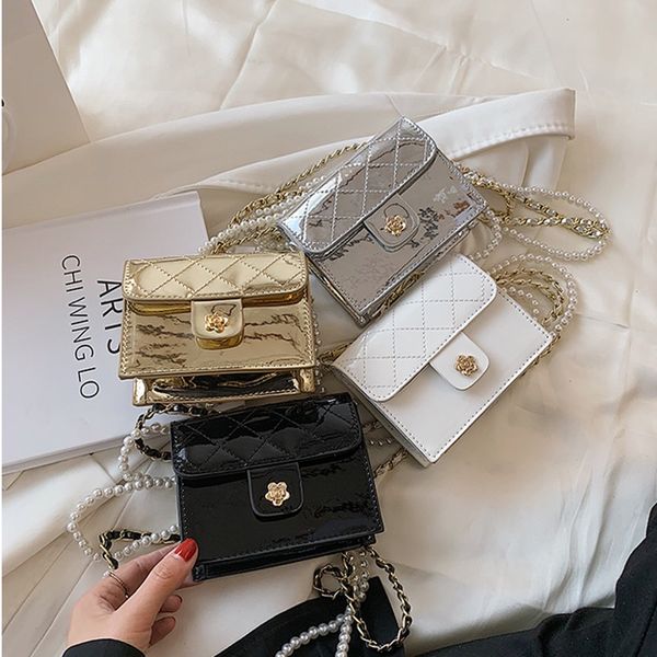 

lady style children handbags kids pearls metals chain single shoulder bags girls diamond lattice quilted crossbody bag q9226, Black