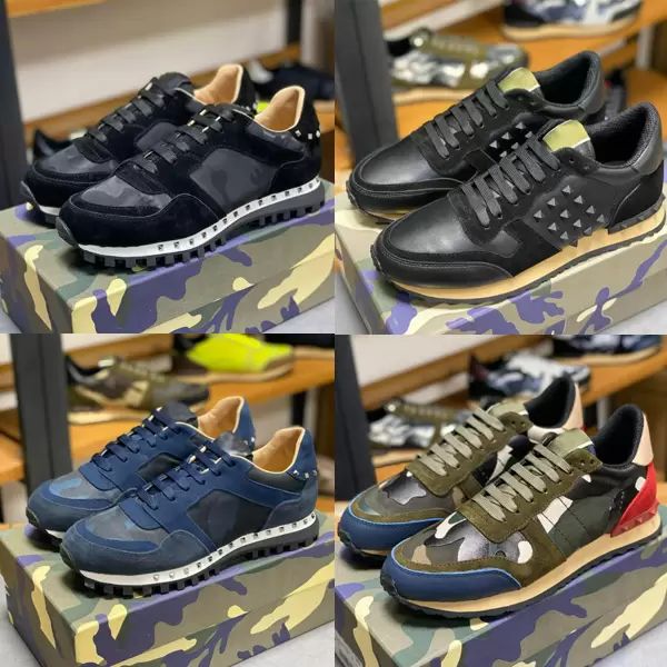 

2021 quality camouflage sneaker designer womens mens rivet shoes studded flats mesh camo suede leather casual valentinoe''valentin, Black