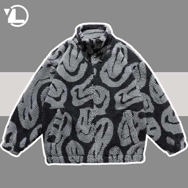 

men's fur faux fur winter lambswool coat men casual streetwear grimace print parka hip hop grain fleece coat loose college warm outwear, Black