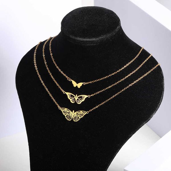 

pendant necklaces stainless steel chain three lines butterfly necklaces for women girl jewelry cute butterflies pendant choker collier femme, Silver
