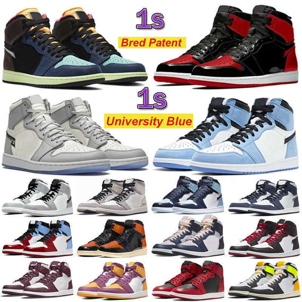 

jumpman 1 1s mens basketball shoes pine green bred patent dark mocha marina blue bubble gum obsidian shadow royal toe men women trainers, Black