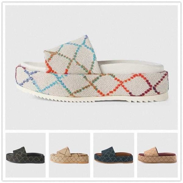 

designer beach slippers canvas platform thick bottom shoes cartoon alphabet lady platform slide sandal leather letter high heel slides us17, Black