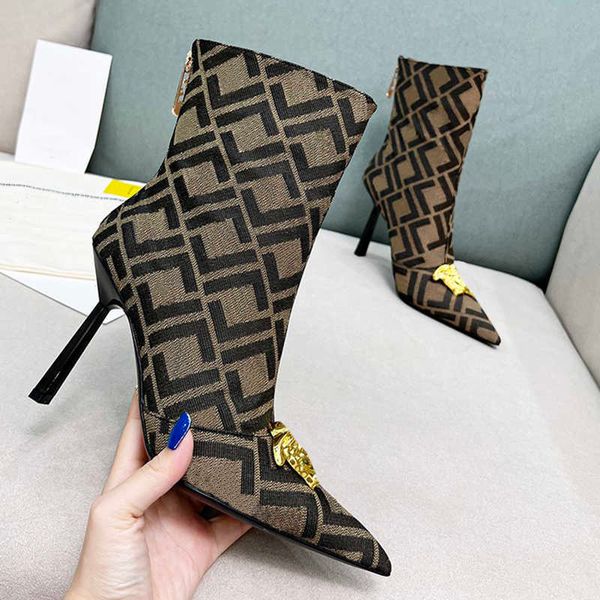 

ankle boots high heel shoes stiletto boot women booties medusa denim fashion designer printing mixed colors 10cm classic metal buckle back, Black