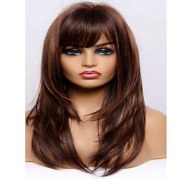 

details about brown highlights blonde natural layered hair wigs with bangs long wavy for women, Black