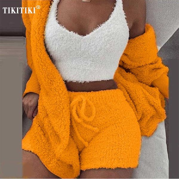 

women's sleep lounge new autumn winter women's velvet pajamas set crop and long pants and coat 3 pieces suit warm soft fleece home