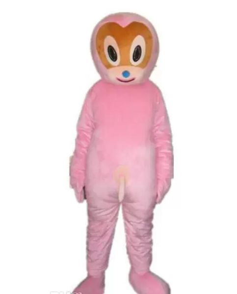 

a pink doll mascot costume with a brown face for to wear, Red;yellow