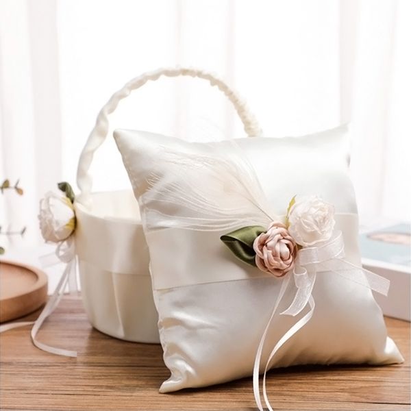 

white wedding flower basket ring pillow set with silk rose bride girl baskets h-5778