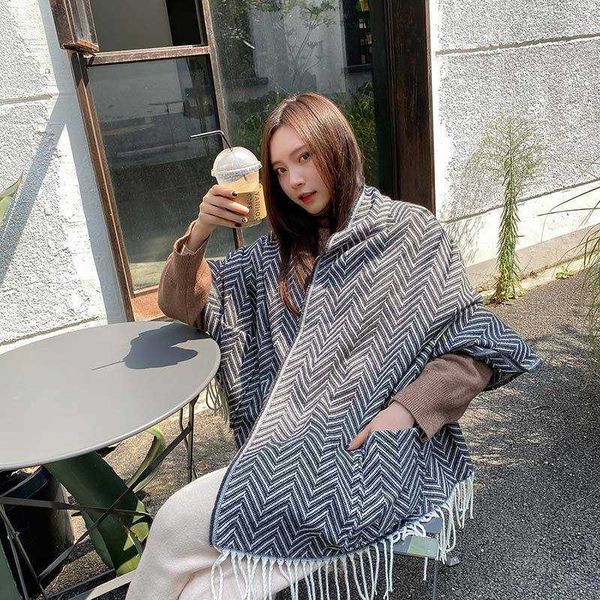 

scarves korean autumn and winter new water ripple pattern cashmere scarf women's pocket dual purpose thickened shawl long tassel neck, Blue;gray