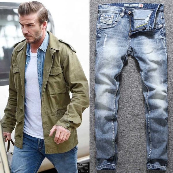 

2021 new european and american men's jeans washed straight trousers jeanss vintage high-end stretch slim small straights star same styl, Blue