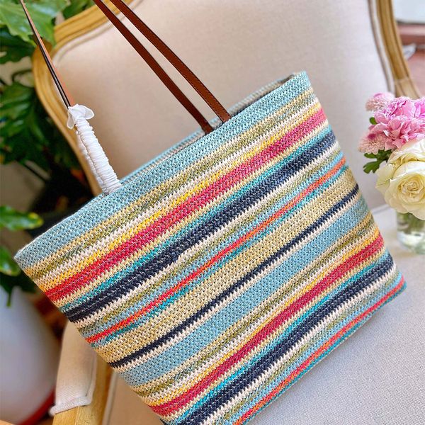 

mesh designer bag hollow woven m miu shopping bags crossbody for summer color stripe straw tote bag shoulder handbag 3702