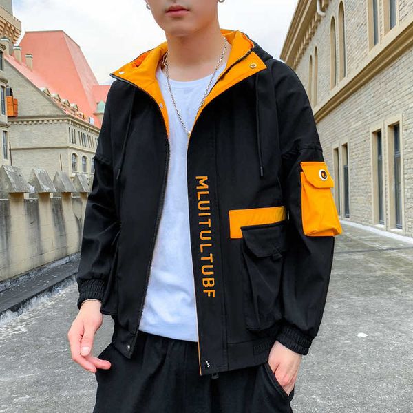 

men's jackets men's fashion patchwork colorblock hooded jacket spring autumn youth windproof jacket workwear outerwear zip up hood, Black;brown