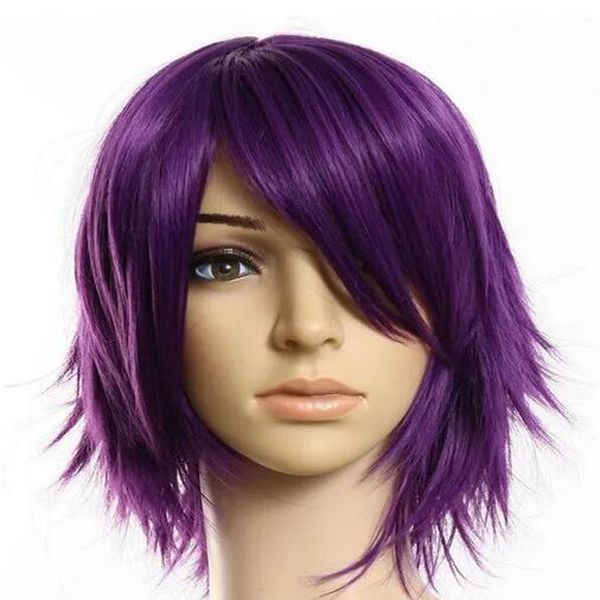 

mens women purple straight short hair wigs short boy's fashion party wig, Black