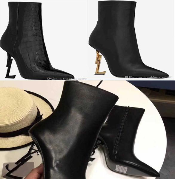 

leather boots shoes short boots designers shoes footwear booties sheep side zip pointed stiletto women factory level opyum run way, Black