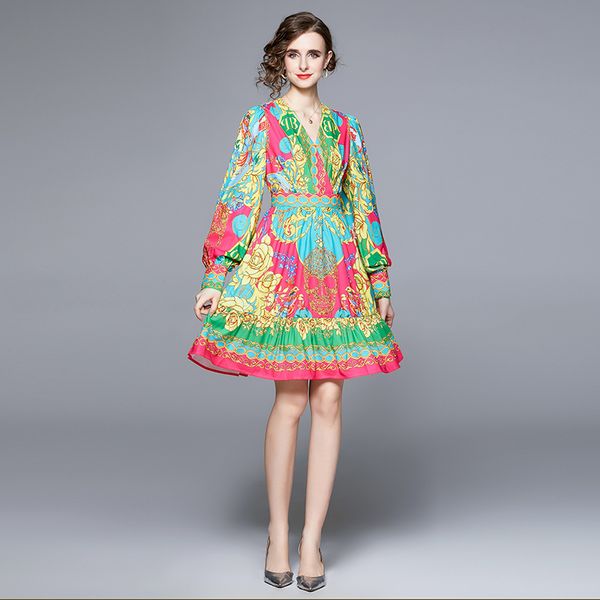 

baroque printed floral short dress deep v-neck 2022 runway designer ladies resort casual mini dresses long sleeve luxury womens a-line cockt, Black;gray