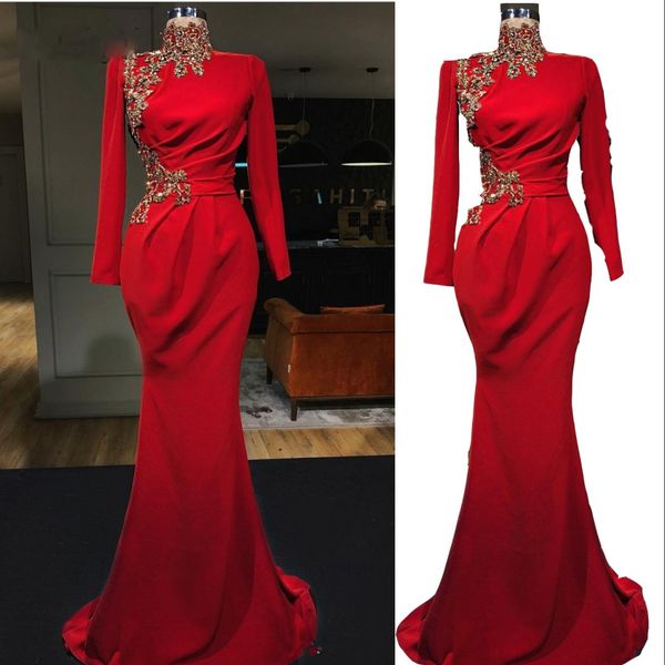 

2023 evening dresses dubai muslim luxury mermaid long gold lace appliques full sleeves beading crystal floor length prom dress formal party, Black;red
