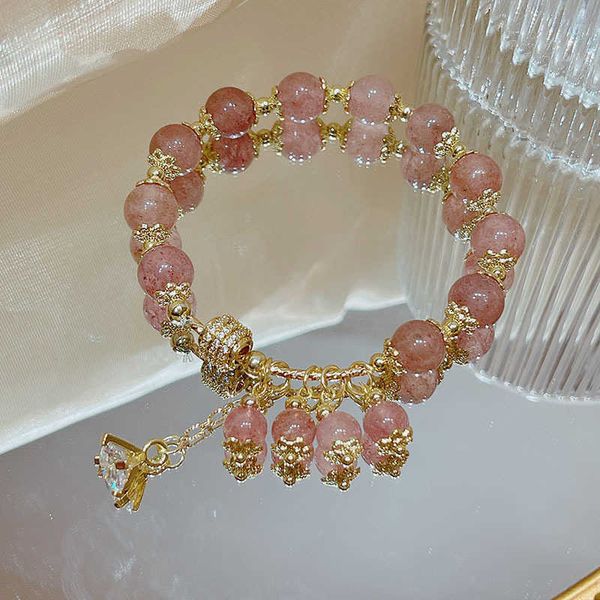 

beaded strands new arrival korea fashion tassel micro-inlaid zircon natural strawberry quartz beaded bracelets for women fine jewelry ybr637, Black