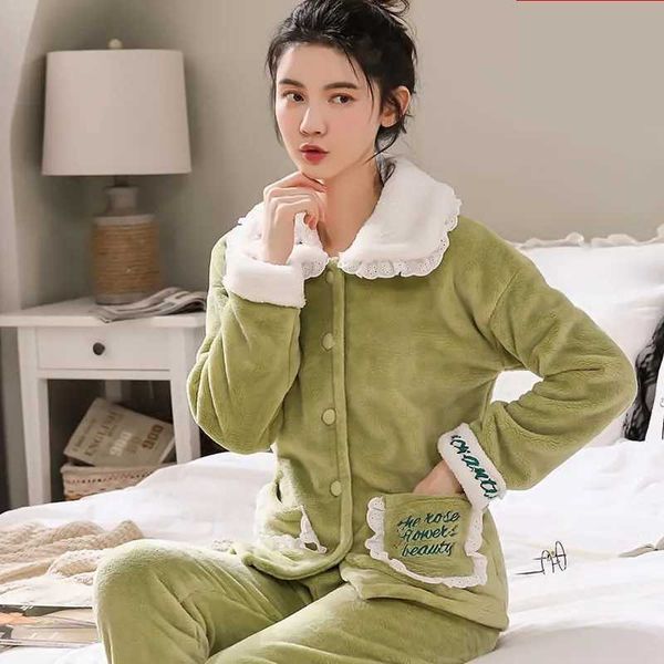 

women's sleep lounge coral velvet pajamas women's autumn winter thicken velvet flannel home clothes long-sleeved suit cute dent lo
