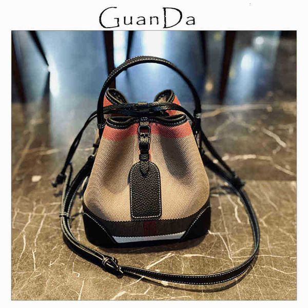 

single shoulder bag luxury women's bag plaid canvas leather bucket bag with tag new classic designer drawstring female shoulder handbag