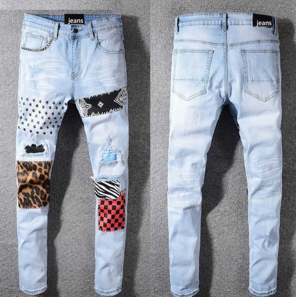 

designer jeans men's women's jeans hip hop street color printed washed jeans european and american style elastic wear-resistant fa, Blue