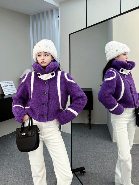 

women's jackets runway chic purple female klasonbell luxury designer classic rawstring short coat genuine wool lamb fleece jacket, Black;brown