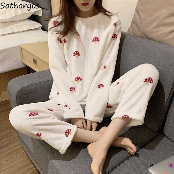 

women's sleep lounge winter pajama sets women coral velvet loose plush thick cartoon mushroom simple straight sleepwear girls tender wi
