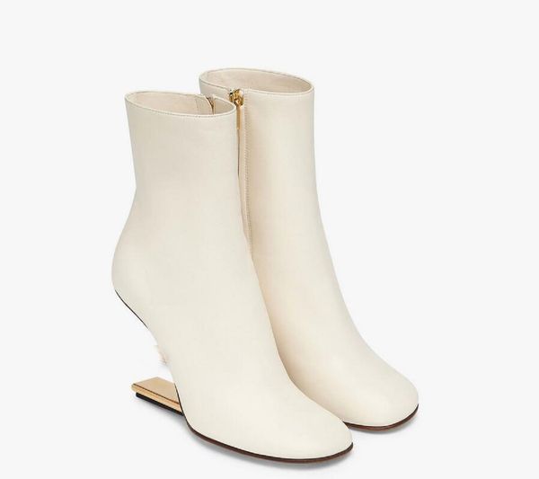 

perfect designer first ankle boots women nappa leather round toe interior side zipper head gold diagonal f shape stereo heel luxury profiled, Black