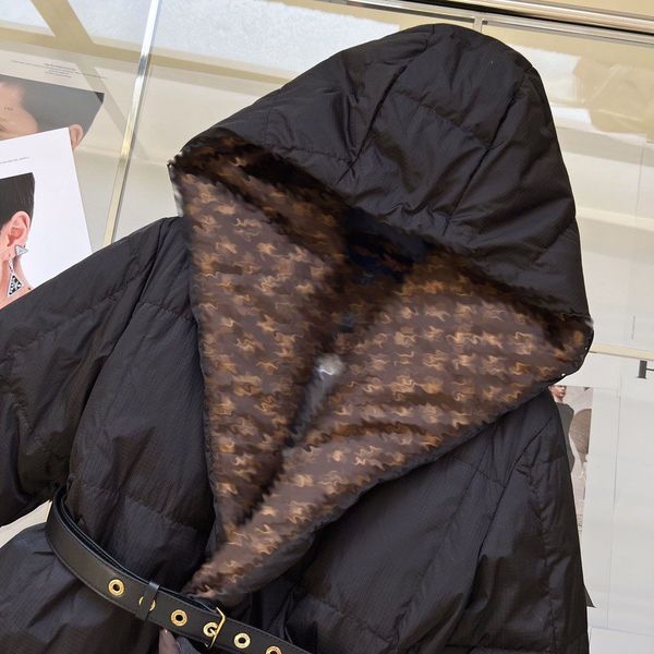 

designer new 2022 winter women keep warm down hooded coat with belt fashion solid color long overcoat thick jacket, Black