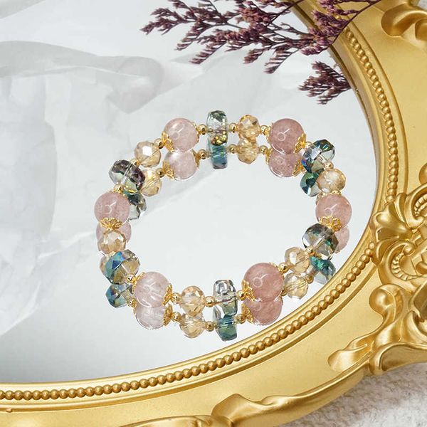 

beaded strands shiny natural strawberry quartz crystal beads strand bracelets for women female fashion jewelry accessories 2021 new ybr287 l, Black