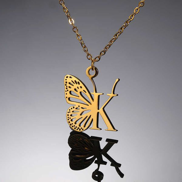 

pendant necklaces dainty flying butterfly necklaces for women girl letters jewelry stainless steel chain removable pendant initial choker ne, Silver